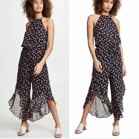 Joie Black and Pink Floral Jumpsuit L - Picture 2 of 8